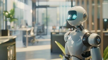 Poster - A white humanoid robot stands in a modern office setting. It is looking forward, with its head slightly tilted.