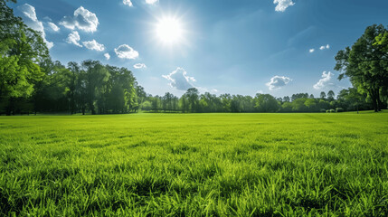 Canvas Print - Beautiful Spring Nature Landscape Panorama with Green Grass Field Blue Sky Trees and Clouds on a Sunny Day