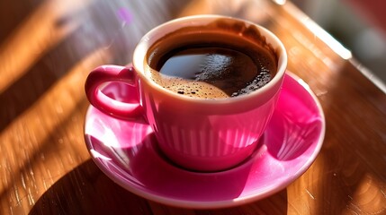 Aufkleber - Turkish coffee in a pink cup with a saucer in the sun closeup Coffee break High quality photo : Generative AI