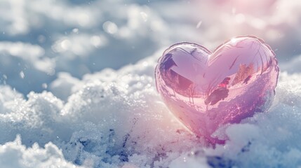 Valentine s Day web banner with shiny pink heart on white snow Outdoor background with copy space