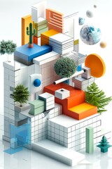 Abstract Futuristic 3D Render Minimalistic Style with Floating Geometric Shapes Isometric Design, Light Color Theme, Bright Background, and Soft Lighting