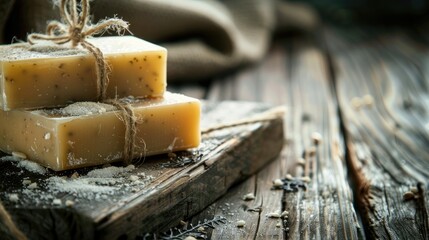 Canvas Print - Composition of handmade soap on wooden background with room for text