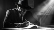 © Generative AI - Black and white noir photography Serious man professional detective in hat sitting at table and making crime notes Investigation Concept of occupation character history Retro style : Generative AI