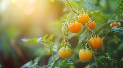 Wall Mural - ripe and unripe yellow tomatoes on the branch in organic greenery on a blurred background : Generative AI