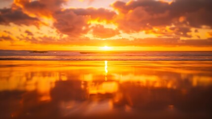 Wall Mural - Stunning sunset over the ocean at Byron Bay Australia with vibrant orange and yellow hues reflecting on the calm water : Generative AI