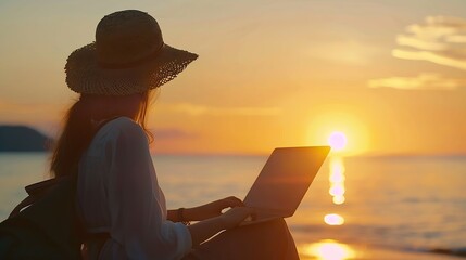 Poster - Woman laptop sea Working remotely on seashore Happy successful woman female freelancer in straw hat working on laptop by the sea at sunset Freelance remote work on vacation : Generative AI