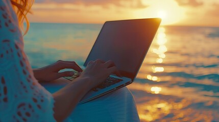 Poster - Digital nomad Business woman working on laptop by the sea Pretty lady typing on computer by the sea at sunset makes a business transaction online from a distance Freelance remote work  : Generative AI