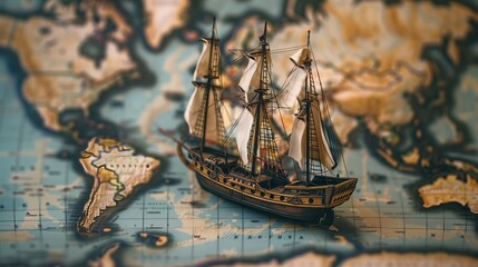 A detailed model of an old sailing ship placed on a vintage world map, emphasizing exploration and history.