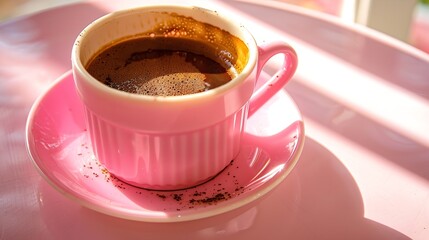 Aufkleber - Turkish coffee in a pink cup with a saucer in the sun closeup Coffee break High quality photo : Generative AI