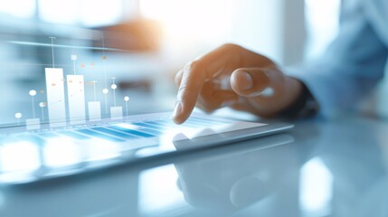 Poster - close-up of an advisor pointing to a graph showing investment growth on a tablet, with a bright offi