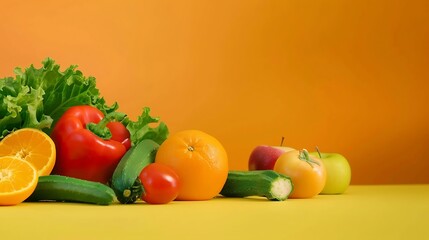 Fresh organic vegetables and fruits placed on the left side of green table with bell peppersokra lettuce apple tomato and orange against on orange background Copy space front view : Generative AI