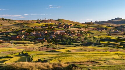 Typical Madagascar landscape  green and yellow rice terrace fields on small hills with clay houses in region near Mahatsanda : Generative AI