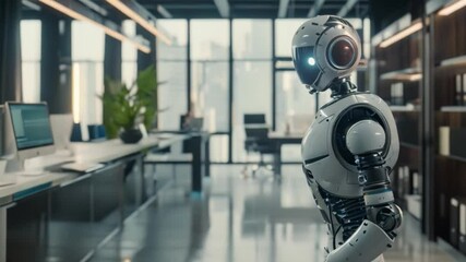 Poster - A white humanoid robot stands in a modern office, looking towards a window with a cityscape view.