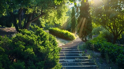 Poster - Cozy park with a beautiful staircase paths and juniper bushes Wide photo : Generative AI