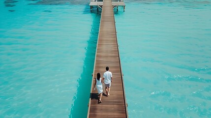 Wall Mural - A elegant couple walks down a wooden pier over turquoise sea in the Maldives islands during their romantic holiday time : Generative AI