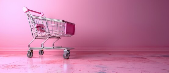 Wall Mural - Pink Shopping Cart Against a Pastel Pink Background