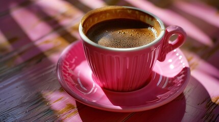 Aufkleber - Turkish coffee in a pink cup with a saucer in the sun closeup Coffee break High quality photo : Generative AI