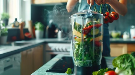 Young girl making green detox cocktail of fresh vegetables and fruits using blender in the kitchen Healthy eating habits Diet and vegetarianism for loosing weight and keep body fit : Generative AI