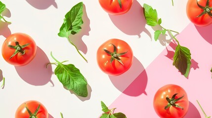 Wall Mural - Creative layout made of tomato and leaves on pink and white background Flat lay Food concept : Generative AI