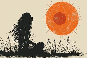 Silhouette of a woman sitting with a large orange sun in the background, capturing a peaceful, introspective moment in a serene, nature-inspired illustration.