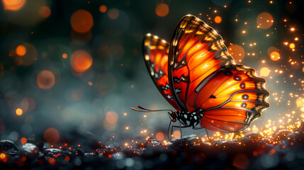 Wall Mural - A butterfly is standing on a rocky surface with a blurry background. The butterfly is orange and has a black spot on its head. The image has a dreamy and ethereal quality