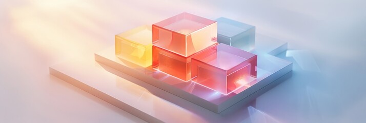 Abstract Futuristic 3D Render Minimalistic Style with Floating Geometric Shapes Isometric Design, Light Color Theme, Bright Background, and Soft Lighting