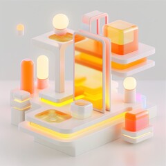 Abstract Futuristic 3D Render Minimalistic Style with Floating Geometric Shapes Isometric Design, Light Color Theme, Bright Background, and Soft Lighting