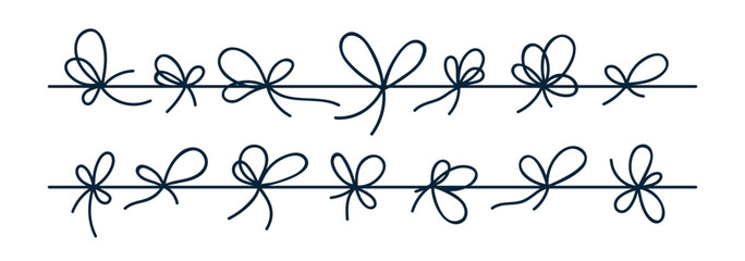 Poster - Bow knots set. Cord, string tied. Rope, twine, thin thread with loops row, line. Decorative shapes from horizontal lace, drawing. Hand-drawn graphic vector illustrations isolated on white background
