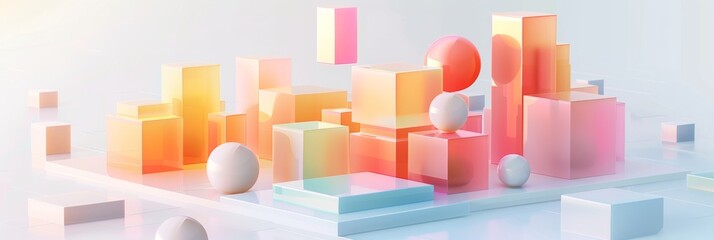 Abstract Futuristic 3D Render Minimalistic Style with Floating Geometric Shapes Isometric Design, Light Color Theme, Bright Background, and Soft Lighting