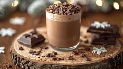 Sticker - Hot Chocolate with Chocolate Shavings on a Rustic Wood Background