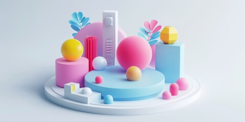 Abstract Futuristic 3D Render Minimalistic Style with Floating Geometric Shapes Isometric Design, Light Color Theme, Bright Background, and Soft Lighting