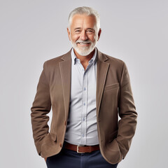 Wall Mural - Smiling Senior Man In Brown Jacket And Light Blue Shirt On A Light Gray Background