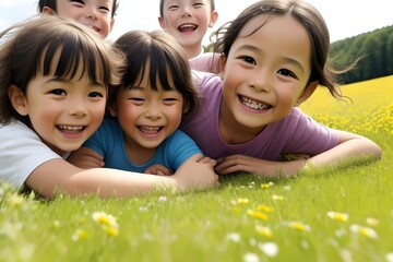  happy smiling children playing outside in the summer, sunshine, laughter, fun, joy, grass, park, friends, games, freedom, energetic, active, carefree, adventure, running, jumping, nature, playground