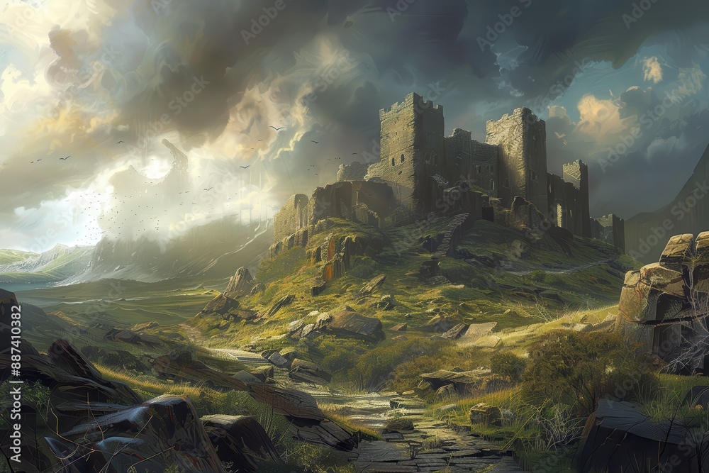 Ancient castle ruins stand tall on a rocky hilltop overlooking a vast ...