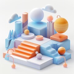 Abstract Futuristic 3D Render Minimalistic Style with Floating Geometric Shapes Isometric Design, Light Color Theme, Bright Background, and Soft Lighting