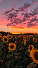 Aufkleber - Sunflowers face the setting sun, casting long shadows as the sky is ablaze with pink and orange hues, creating a beautiful scene