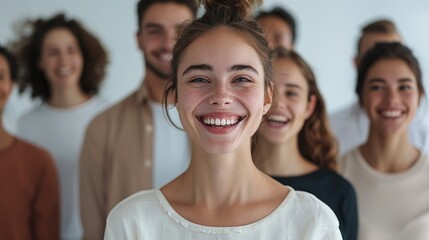 Poster - Portrait of a young businesswoman laughing with a group of diverse colleagues standing behind her in front of a white office wall. Generative AI.