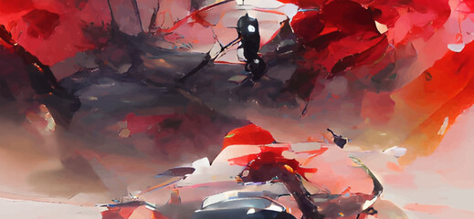 Poster - Black red ink brush stroke background. Japanese style.