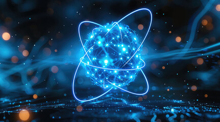 Aufkleber - Glowing blue atom with a network of luminous lines against a dark backdrop. High-tech abstract digital design with intricate circuit details for use in computer graphics. Generative AI.