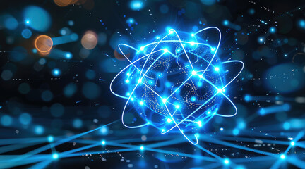 Leinwandbilder - Glowing blue atom with a network of luminous lines against a dark backdrop. High-tech abstract digital design with intricate circuit details for use in computer graphics. Generative AI.