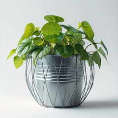 Elevated metal flower pot and metal wire with a green plant on a white background. Generative AI.