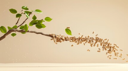 Wall Mural - an advertisment picture for wooden pellets showing a single tree branch with leafs crumbling into homogeneous wood pellets at its extreme right, pastel beige background, realistic 