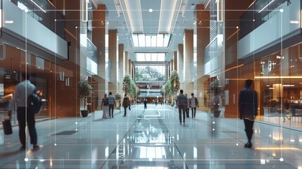 Poster - A security camera feed showing the lobby of a large, modern office building. The footage highlights behavior detection and facial recognition overlays, with labels and annotations. Generative AI.