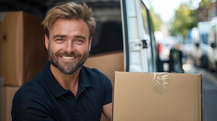 Poster - A man smiling wearing black navy polo shirt carrying a large cardboard box behind a white van. Generative AI.