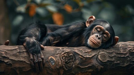 Poster - A young chimpanzee rests peacefully on a tree branch in a dense forest, its eyes closed and body relaxed. The vibrant green foliage creates a serene backdrop for this tranquil scene