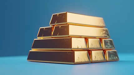 Modern case stacked with gold bars. blue background