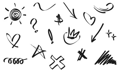 Poster - Hand drawn set of doodle emphasis design elements. Crown, arrow, curly swishes, exclamation, star. used for infographic concept design