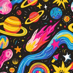 Wall Mural - Fun Funky Space and Planets Pattern Wallpaper, Wild Science Fiction Wrapping Paper Design, Retro Stars Astronomy Background Concept, Colorful Vibrant Galactic Galaxy Backdrop