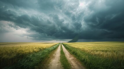 Poster - A road in a field with a storm in the distance