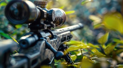 Poster - A close-up view of a rifle in a wooded area, perfect for outdoor or hunting-themed projects
